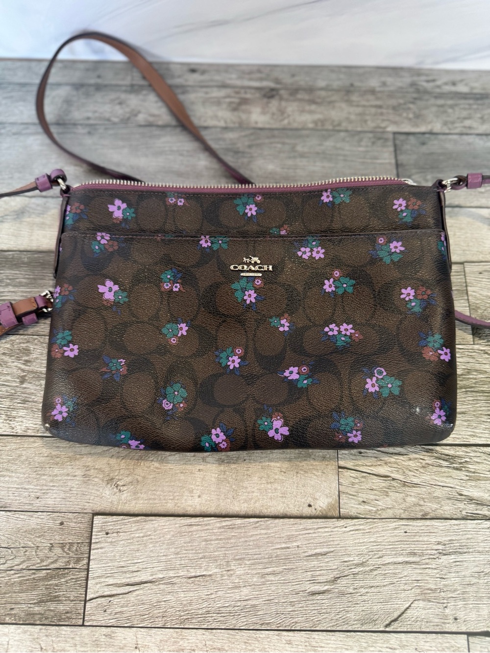 COACH Brown Signature Floral Slim Crossbody  with Purple Accents. Small.